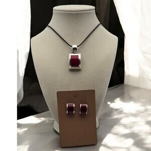 Sterling Silver Red Enamel Pendant Necklace Earring Set - Vintage Southwestern